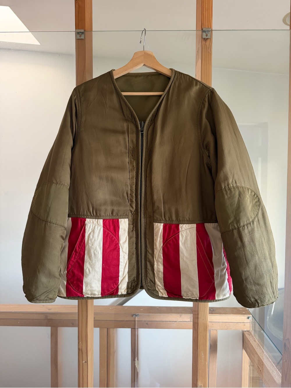 Visvim Olive Green Iris Liner Mud Dyed Jacket with Red White Stripe size 3